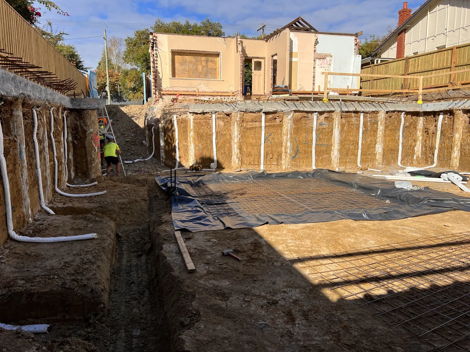 Basement excavation beneath a retained period facade on a TCON project in Melbourne