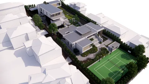 Aerial render of the Hill Home rooftops and courtyards, Wheelers Hill