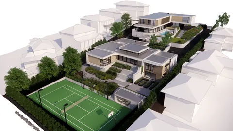 Aerial render of the Hill Home site in Wheelers Hill showing the house, gardens and tennis court