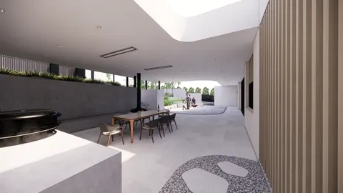 Render of the Hill Home alfresco area with firepit, Wheelers Hill