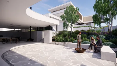Render of a Hill Home courtyard with firepit, Wheelers Hill