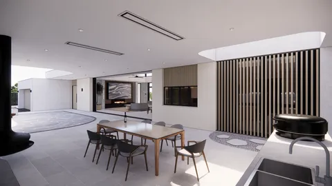 Render of the Hill Home dining room and fireplace, Wheelers Hill