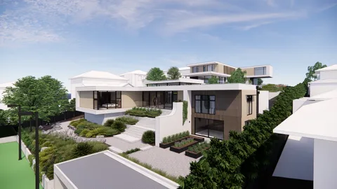 Render of the Hill Home facade and landscaped terraces, Wheelers Hill