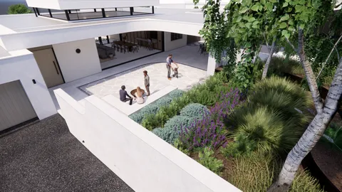 Render of a garden courtyard at Hill Home, Wheelers Hill
