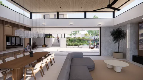 Render of the Hill Home great room, interior design by WALA Studio