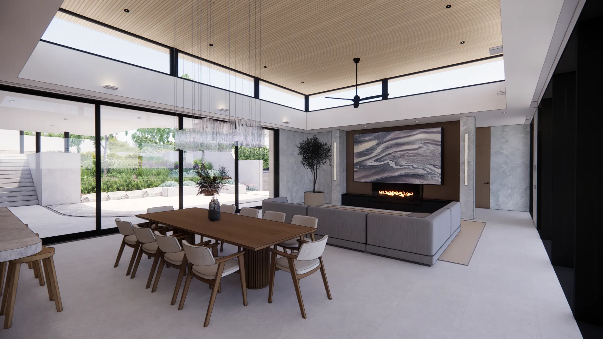 Render of the Hill Home living room with Cipollino marble, interior design by WALA Studio