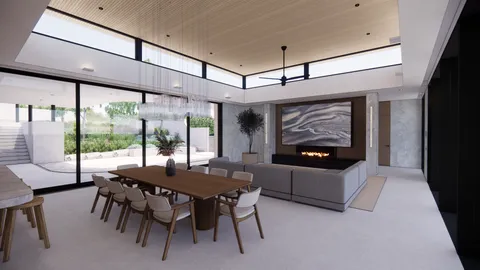Render of the Hill Home living room with Cipollino marble, interior design by WALA Studio