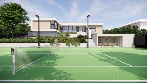 Render of the Hill Home tennis court and pavilion, Wheelers Hill
