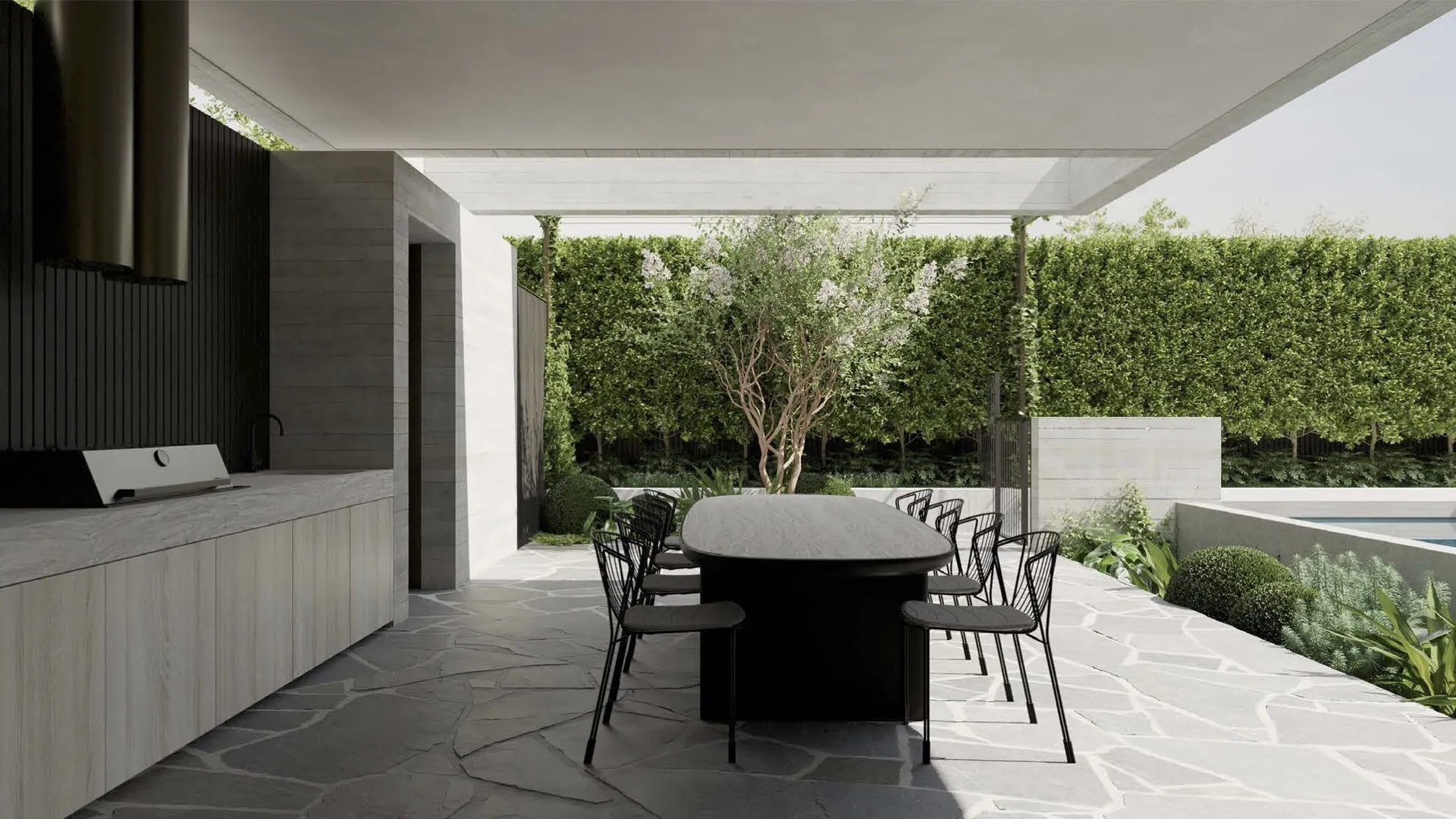 Kanowna, Hampton, alfresco kitchen and dining render, new home in progress by TCON with Webster Architecture