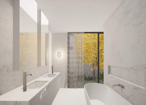Render of the Red Brick bathroom with freestanding bath, Glen Iris