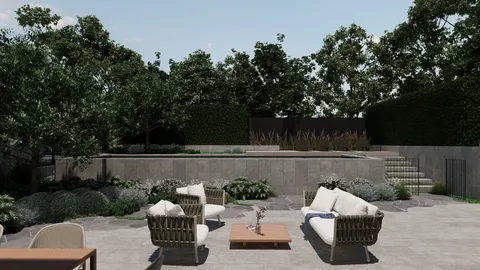 Landscape render of the Red Brick garden courtyard, Glen Iris