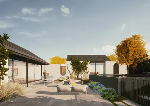 Render of the Red Brick garden and pavilion, Glen Iris
