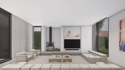 Render of the Red Brick living room and fireplace, Glen Iris