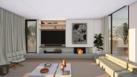 Render of the Red Brick living room with the joinery panel open