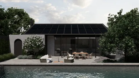 Landscape render of the Red Brick pool terrace, Glen Iris