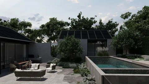 Landscape render of the Red Brick pool and pavilion, Glen Iris