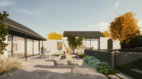Render of the Red Brick rear garden and pavilion, Glen Iris