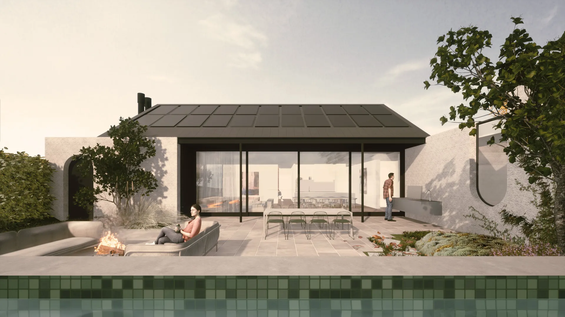 Render of the Red Brick rear elevation with pool and pavilion, Glen Iris