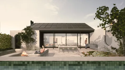 Render of the Red Brick rear elevation with pool and pavilion, Glen Iris