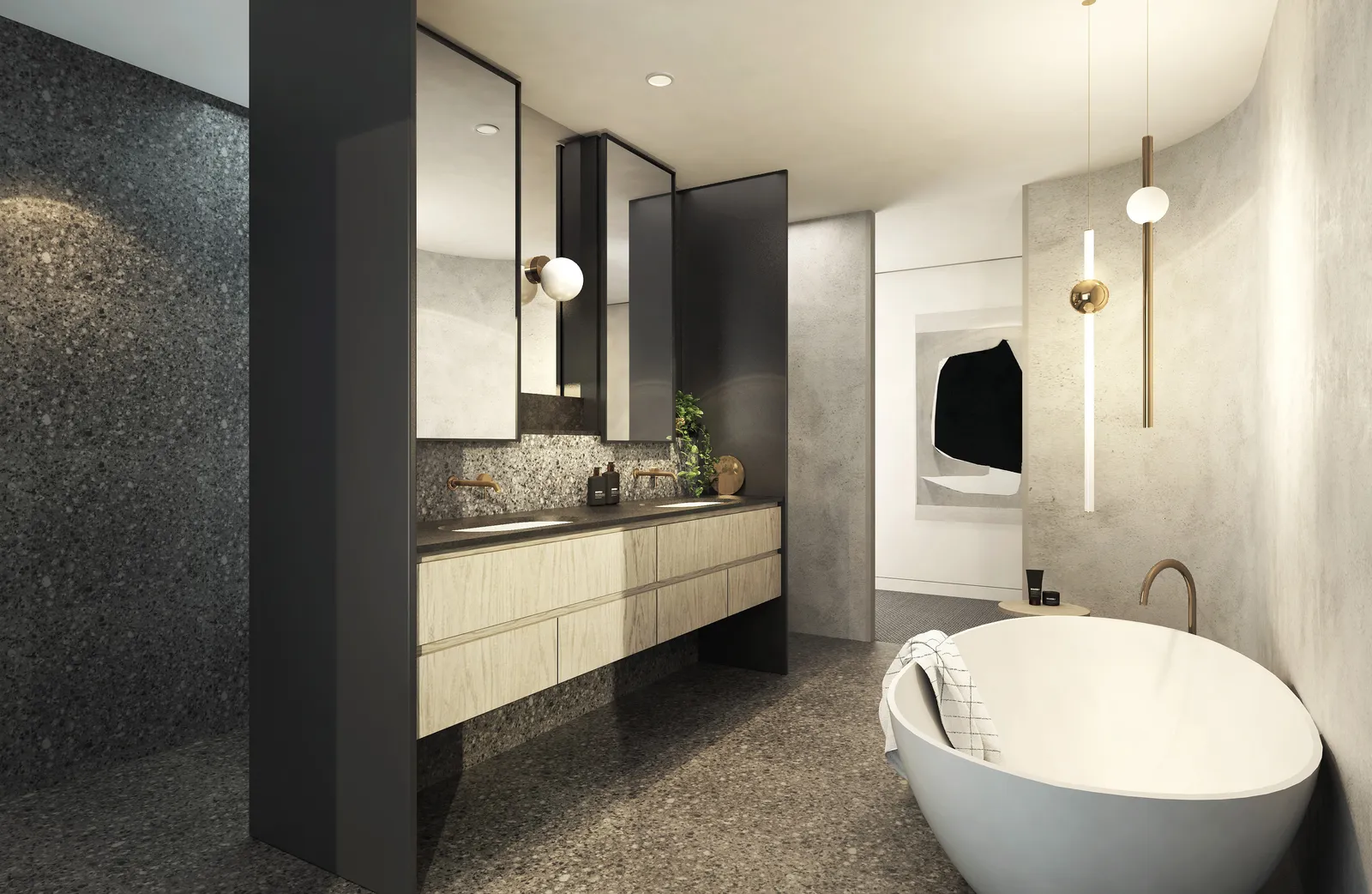 Rendered bathroom design with freestanding tub, timber vanity, terrazzo floor and brass fittings