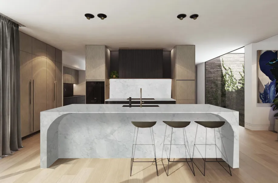 Luxury kitchen with arched marble island, timber cabinetry, and bar stools