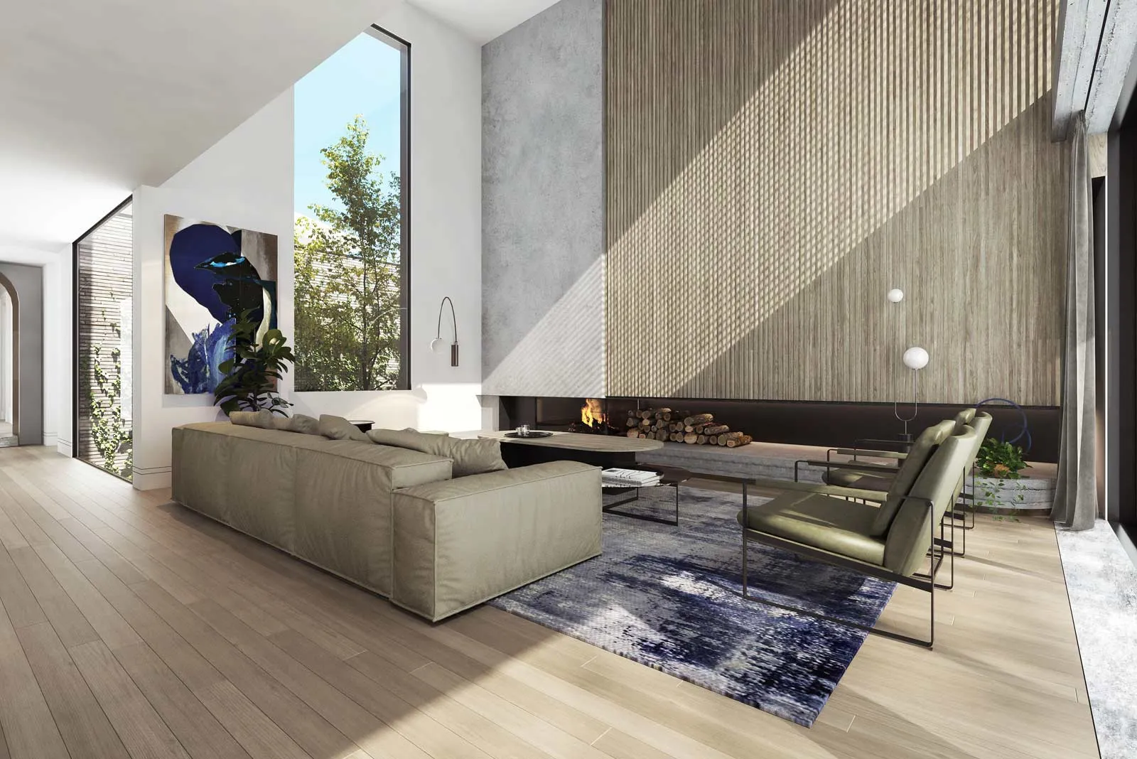 Rendered living room with double-height timber slat wall, linear fireplace, and large sectional sofa