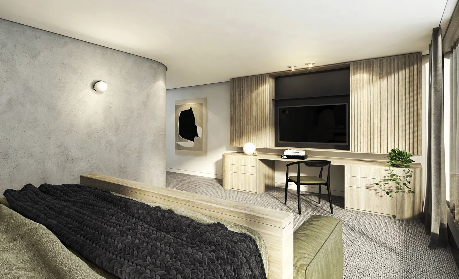 Master bedroom render with timber TV unit, built-in desk, concrete feature wall and dark throw