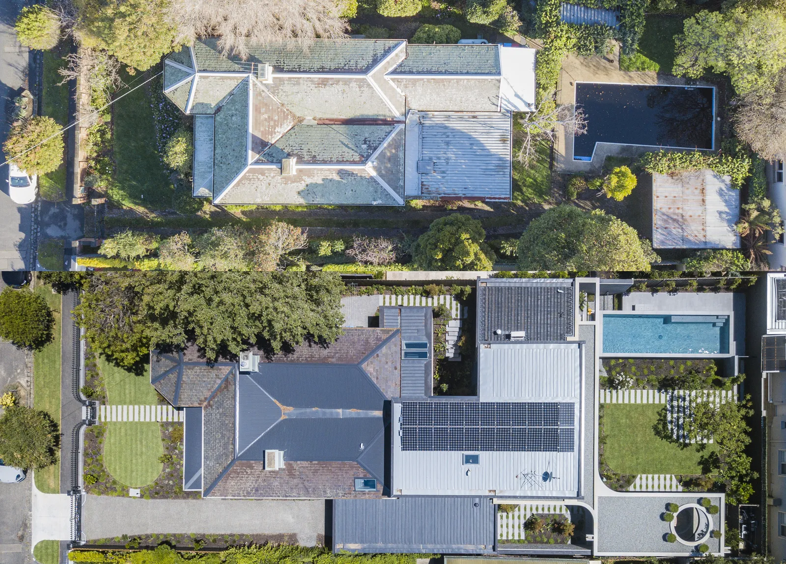 Aerial view of residential properties with rooftops, solar panels, pool and mature trees