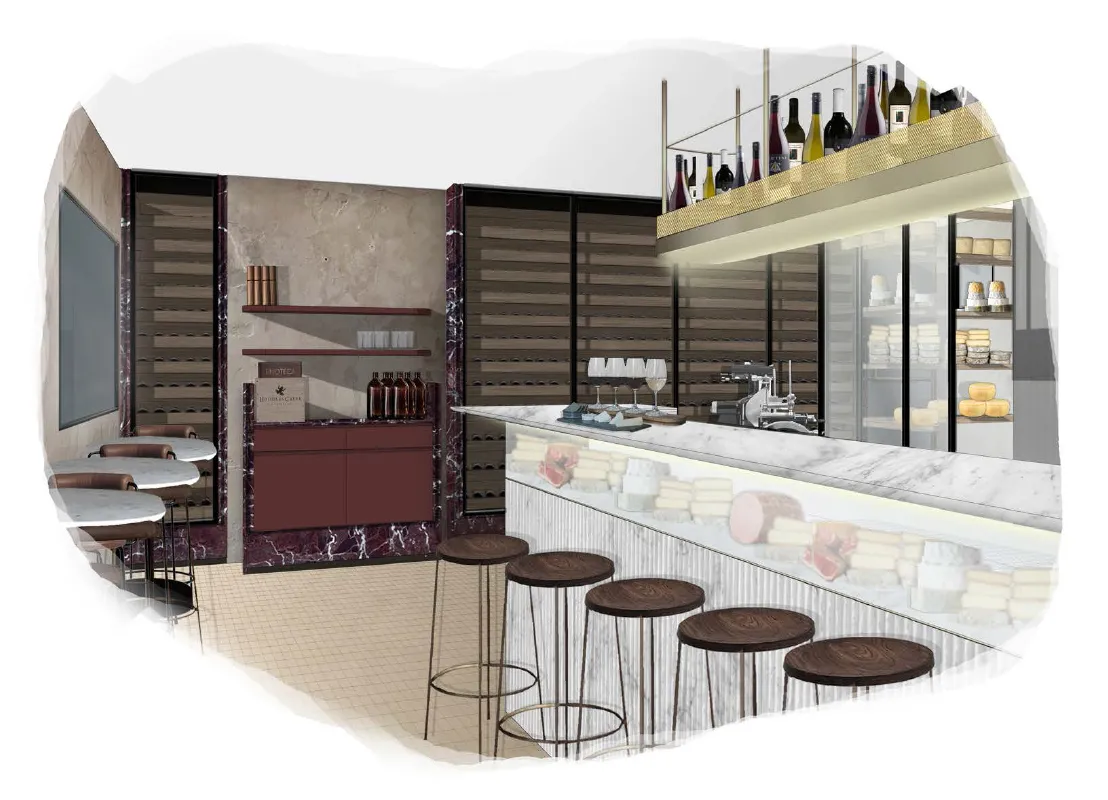 Interior design render of restaurant dining area with bar stools, wine display and cheese cabinet