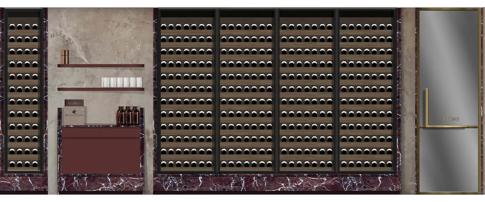 Design render of large floor-to-ceiling wine bottle storage wall with marble surround