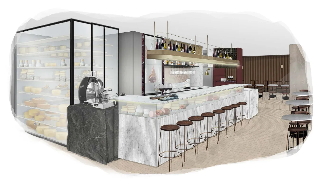 Interior design render of restaurant bar with marble counter, bar stools, cheese display and wine rack