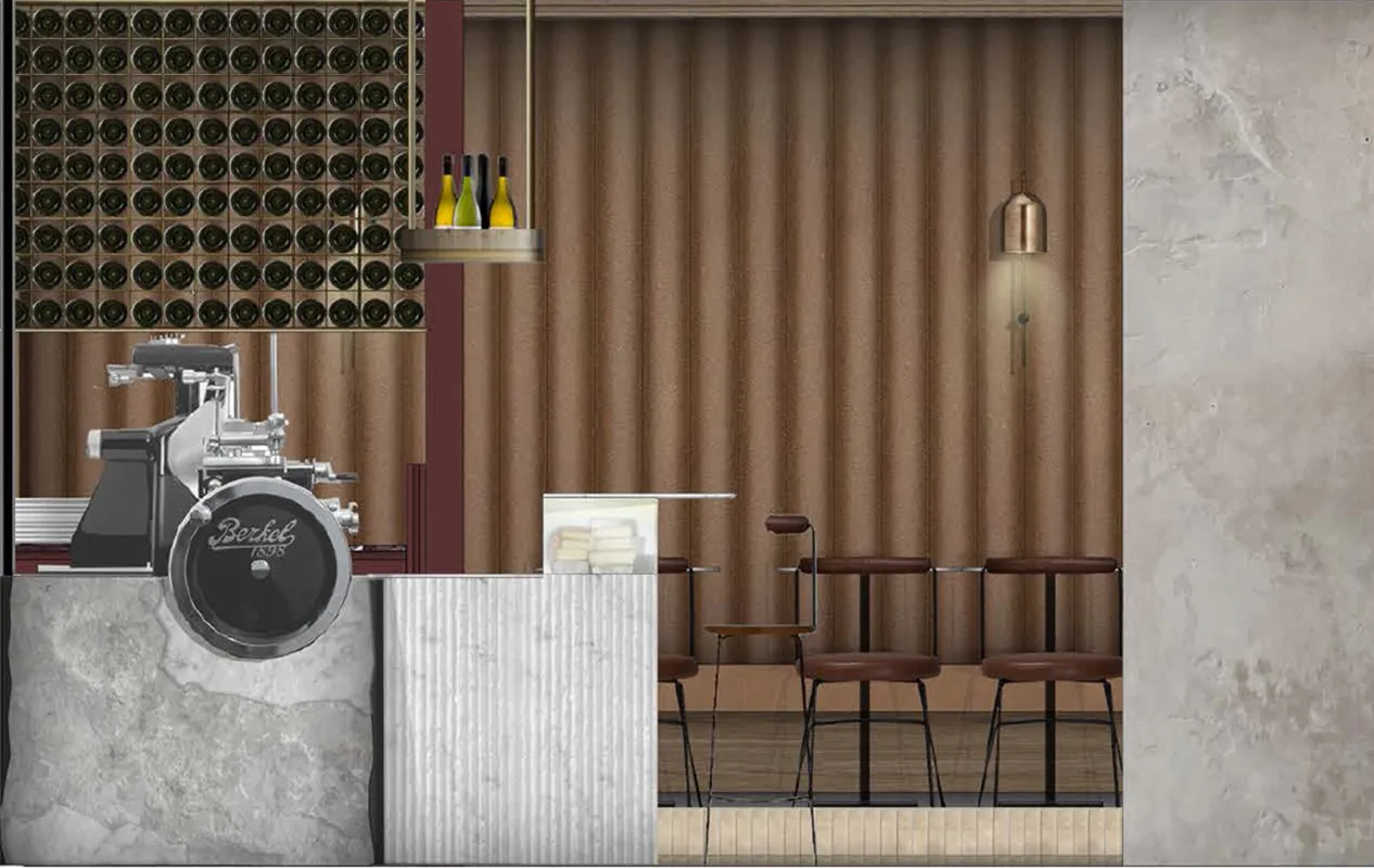 Interior design render of restaurant bar with wine rack, meat slicer, marble counter and bar stools
