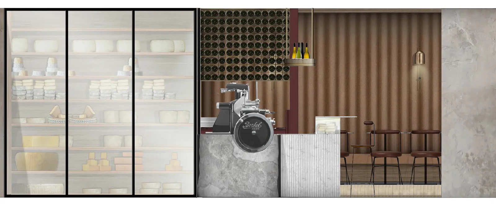 Interior design render showing cheese display cabinets, wine rack, meat slicer and bar seating