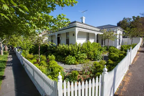 Victorian weatherboard house with white picket fence, lush garden, and decorative verandah