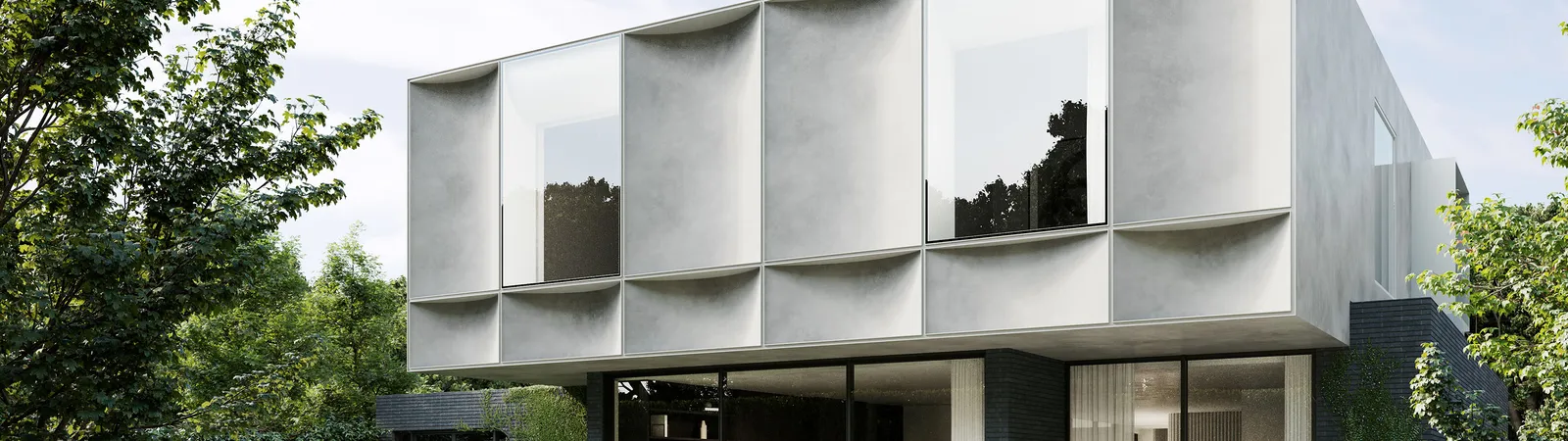 Architectural render of modern two-storey home with textured facade, pool and lush garden landscaping