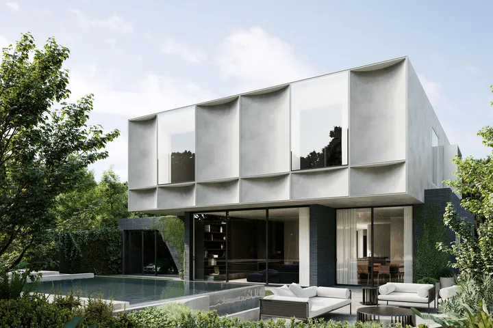 Architectural render of modern two-storey home with textured facade, pool and lush garden landscaping