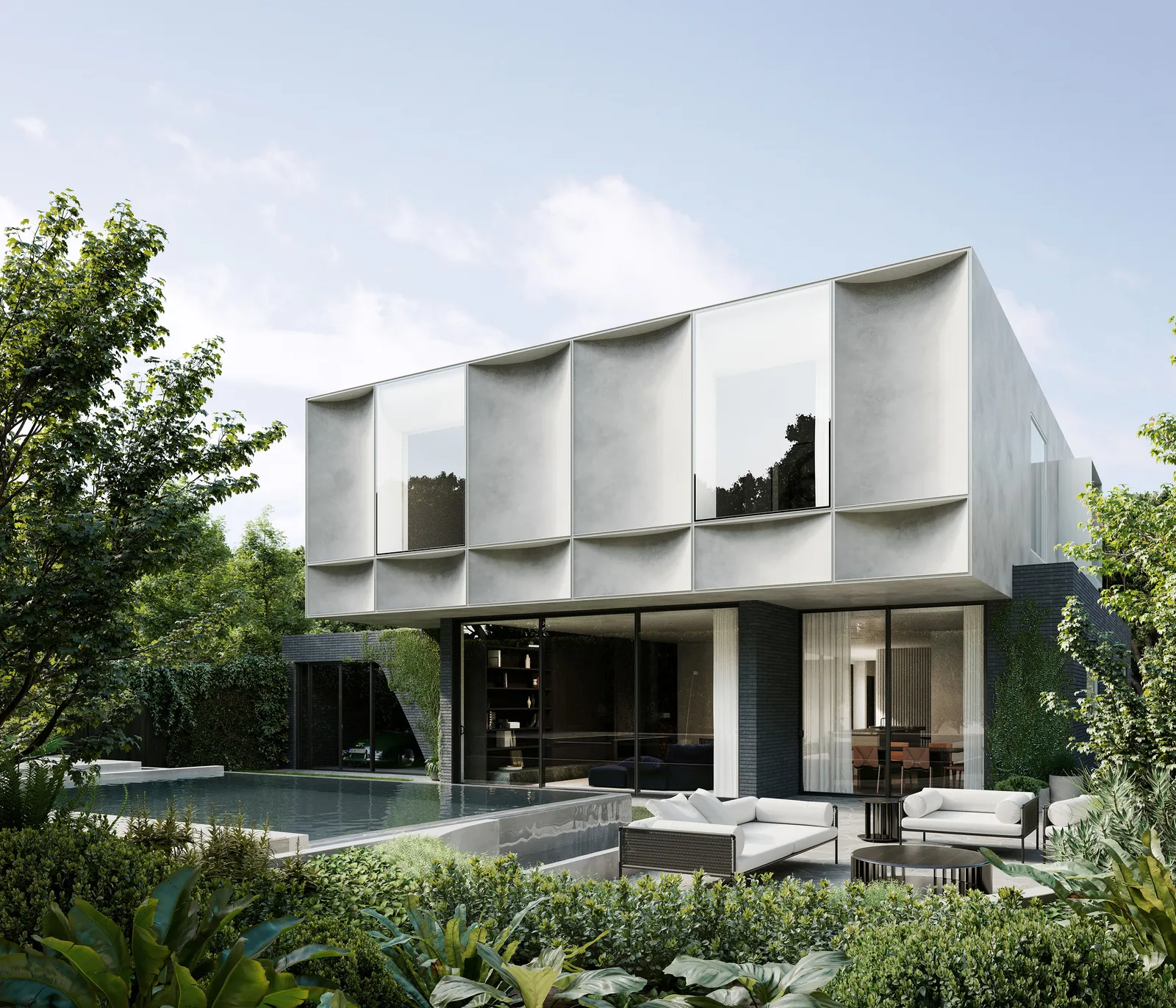 Architectural render of modern two-storey home with textured facade, pool and lush garden landscaping