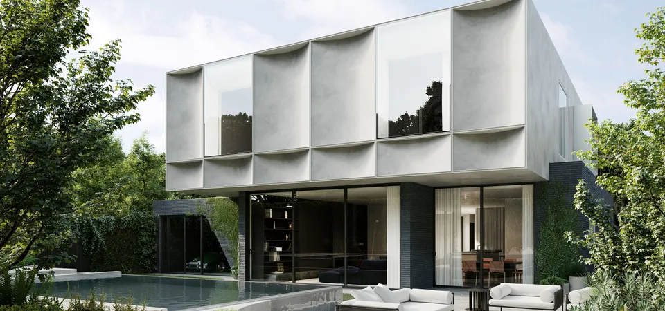 Architectural CGI render of modern two-storey home with scalloped facade, pool and lush garden