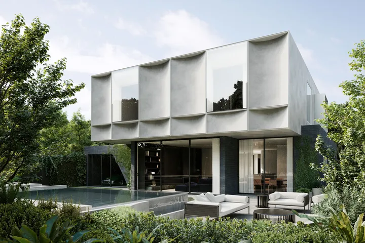 Architectural CGI render of modern two-storey home with scalloped facade, pool and lush garden