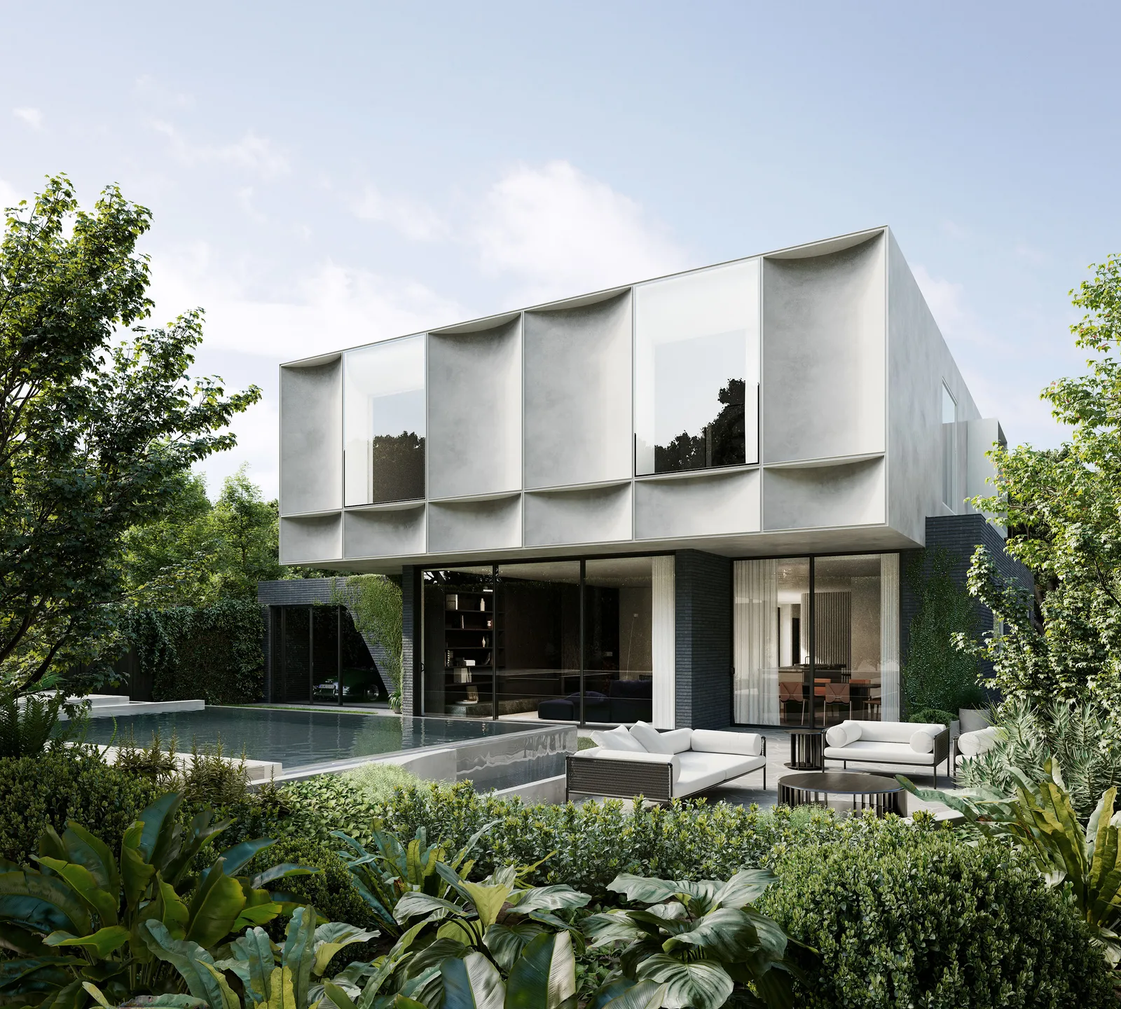Architectural CGI render of modern two-storey home with scalloped facade, pool and lush garden
